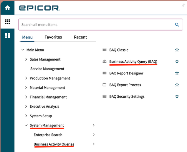 Business Activity Query menu path in Epicor Kinetic