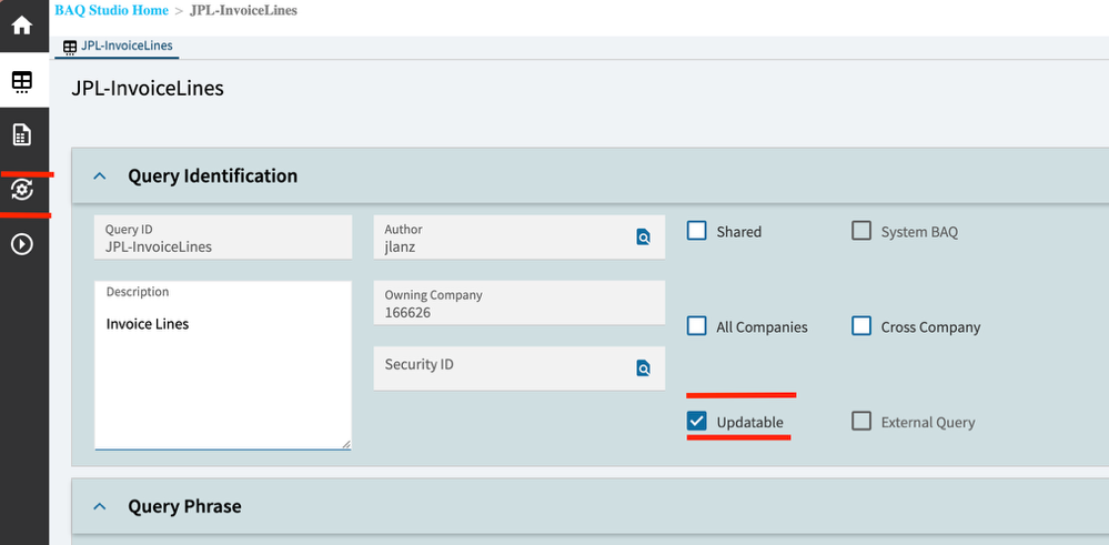 Query Properties panel with the Updatable checkbox selected and new icon visible in the left nav