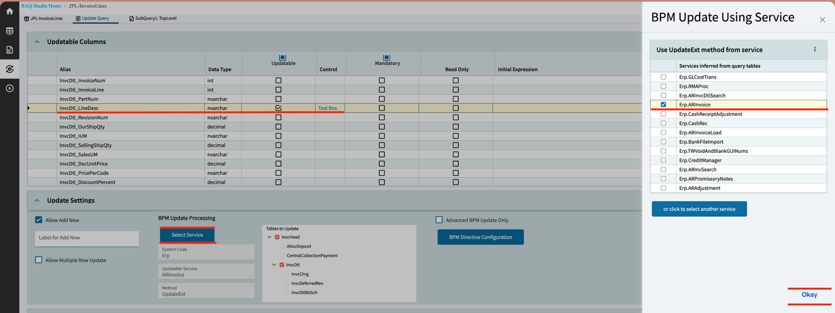 Updatable grid configuration showing InvDtl_LineDesc field with Updatable checked and Erp_ARInvoice service selected