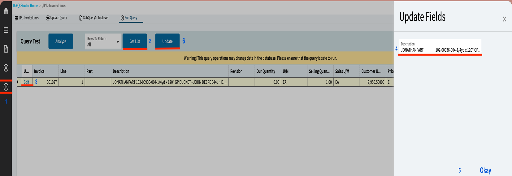 Updatable BAQ results grid showing the Edit slider with the Invoice Line description field