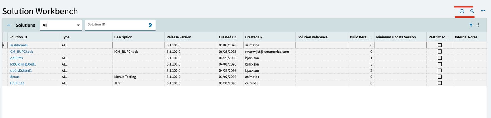 Solution Workbench home page showing the plus sign to create a new solution