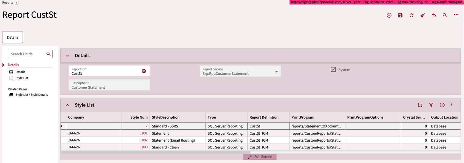 Report Style module showing the successfully imported Customer Statement report