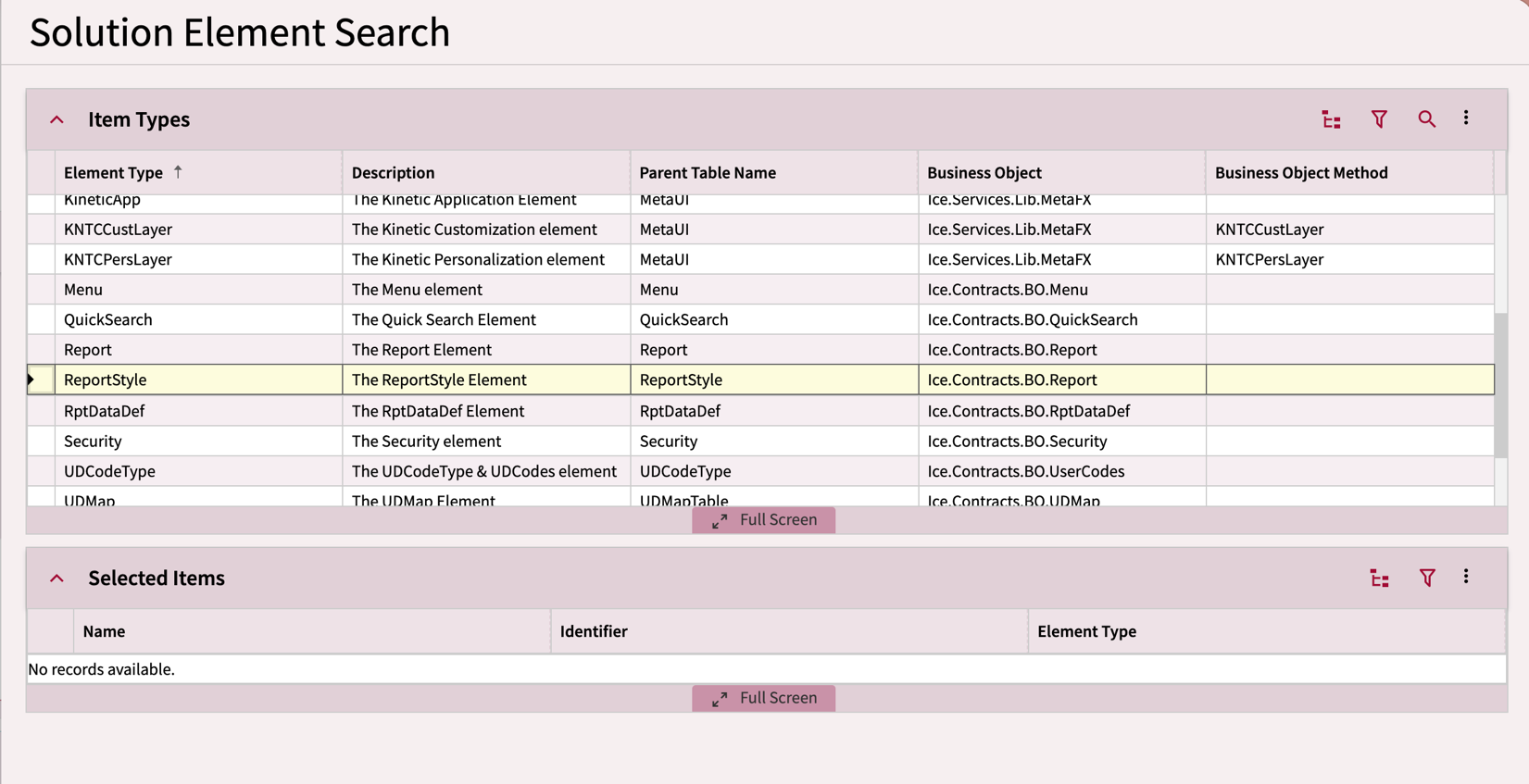 Element type selection slider showing ReportStyle option