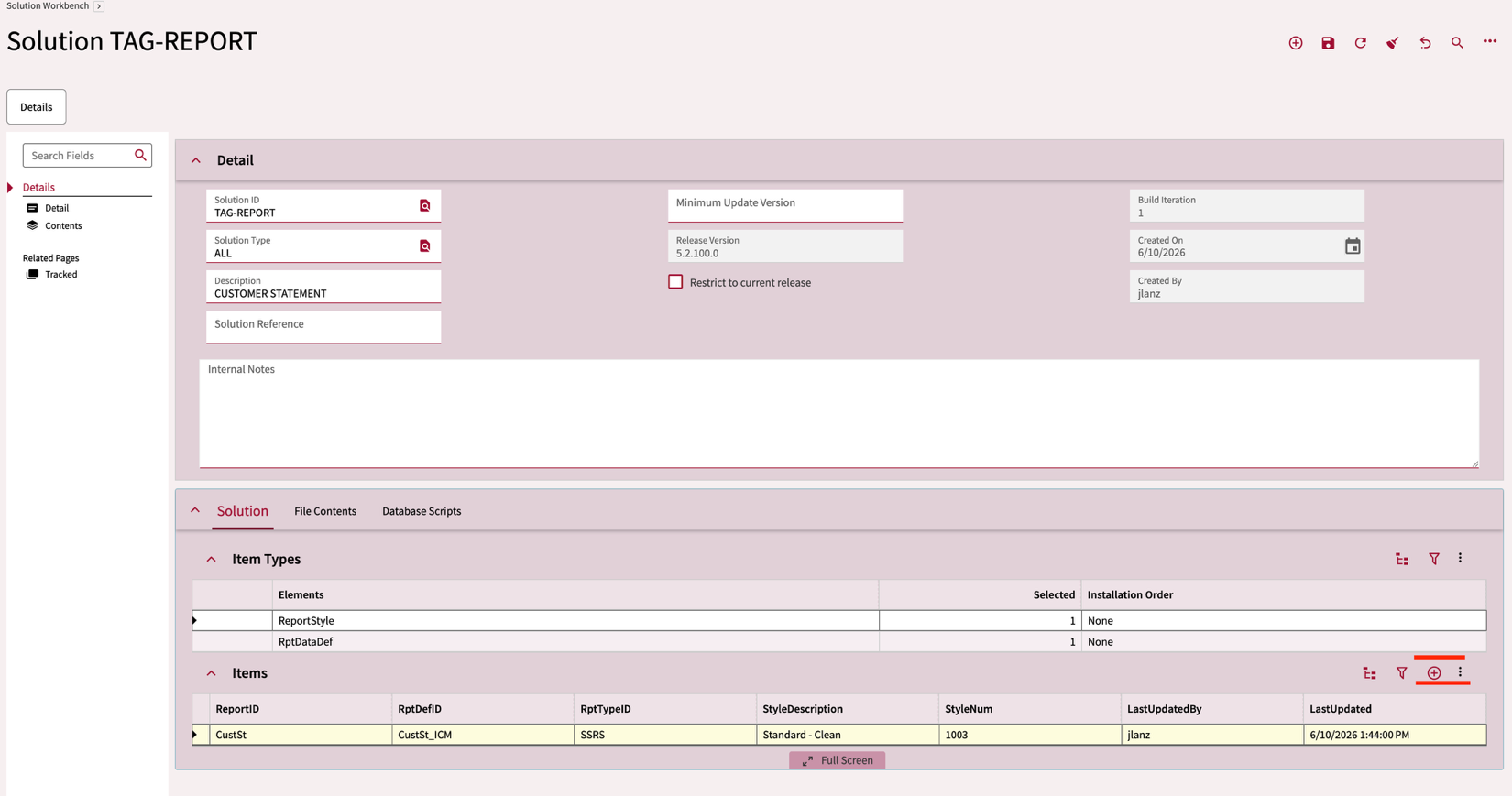 Solution items list showing the report and report definition have been added