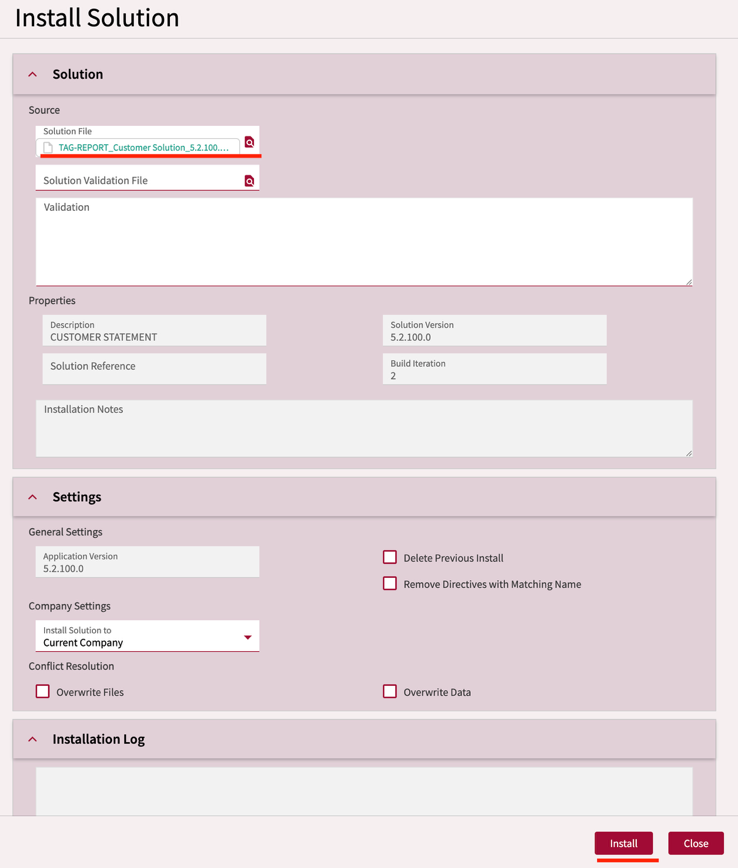 Install Solution slider showing the Solution File field and Install button
