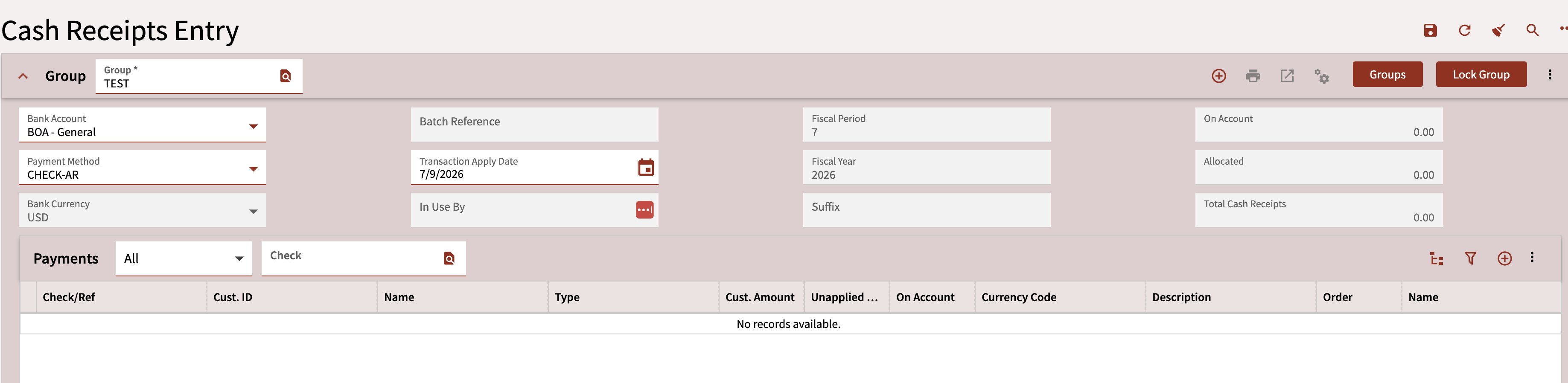 Cash Receipts Entry screen with a new Group, Bank, Payment method, and Transaction Apply Date