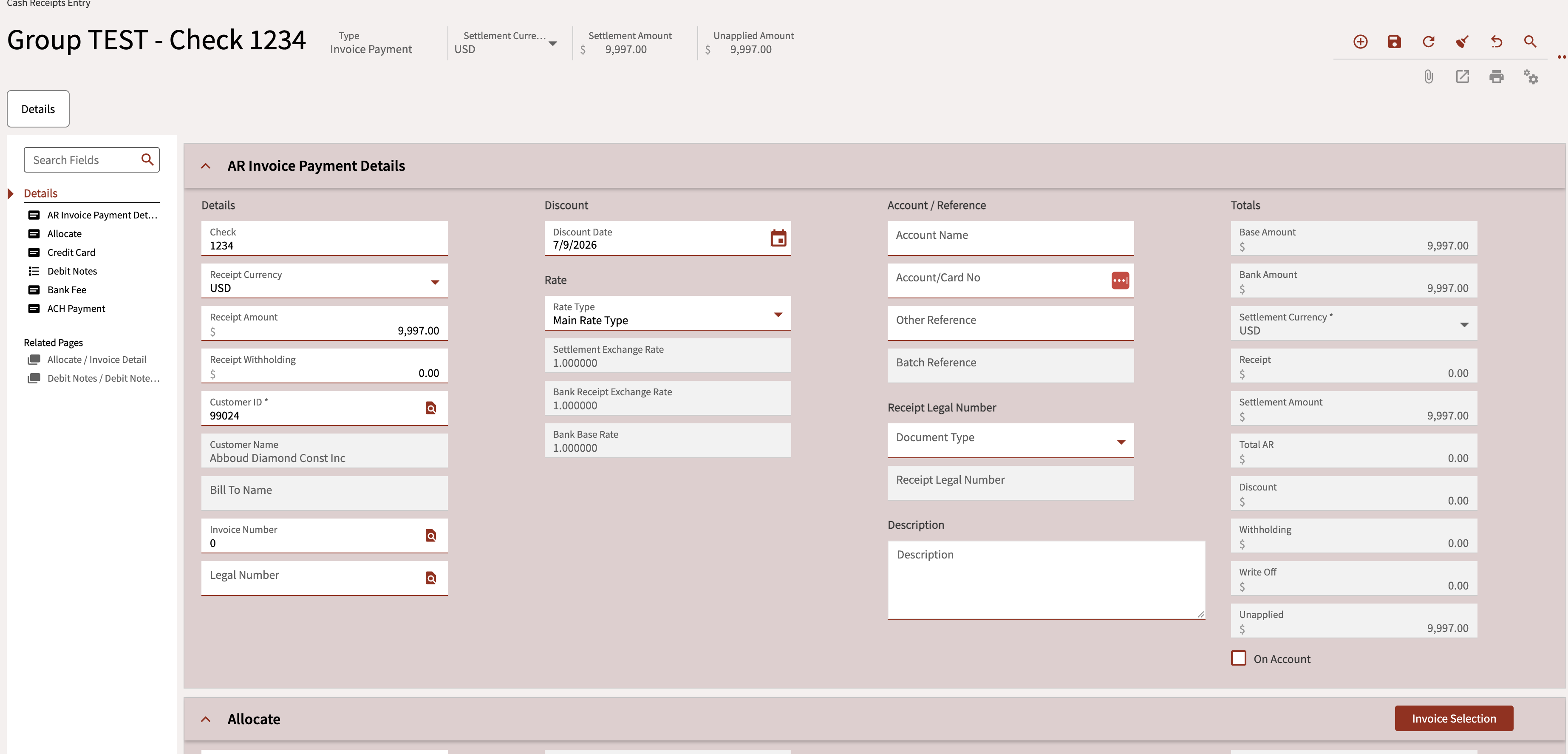 Cash Receipt Entry with Check Number, Check Amount, and Customer ID fields entered