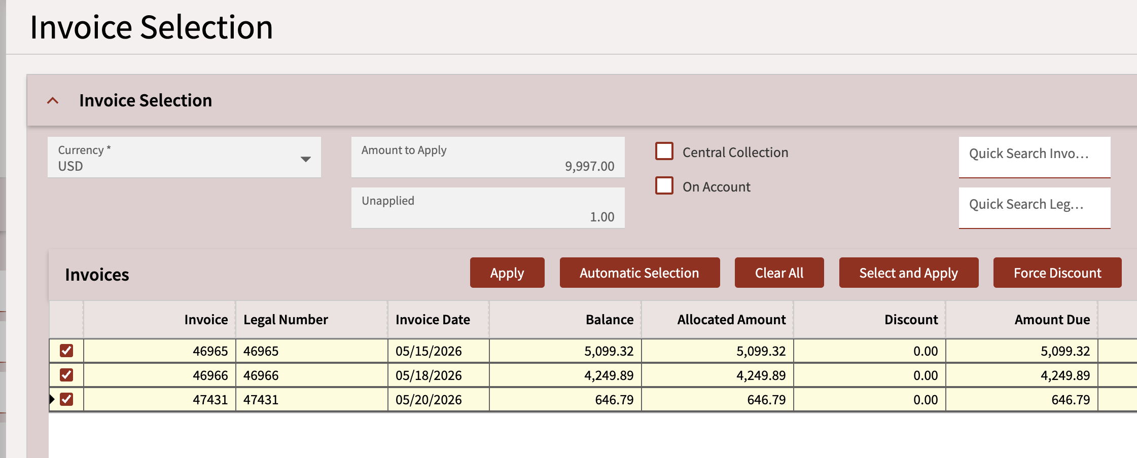 Invoice Selection slider window with invoices selected for payment application