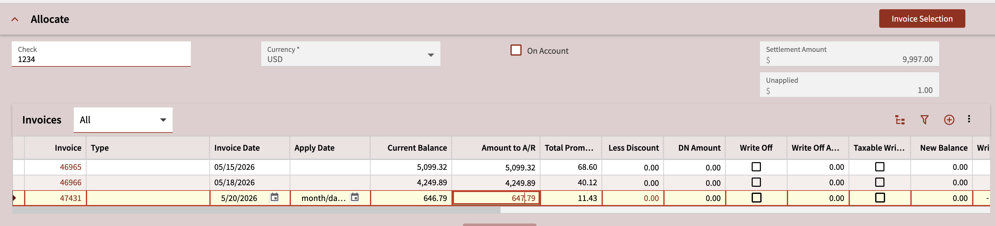 Allocate card with the Amount to A/R field being changed to reflect the actual payment