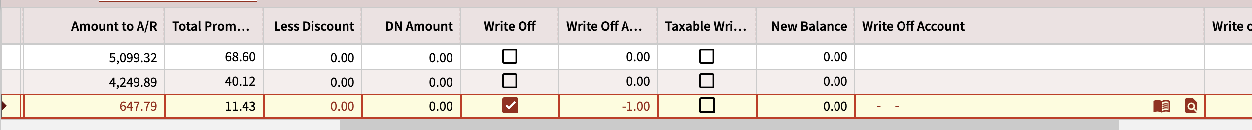 Allocate card showing the over/under payment amount with the Write Off column checked