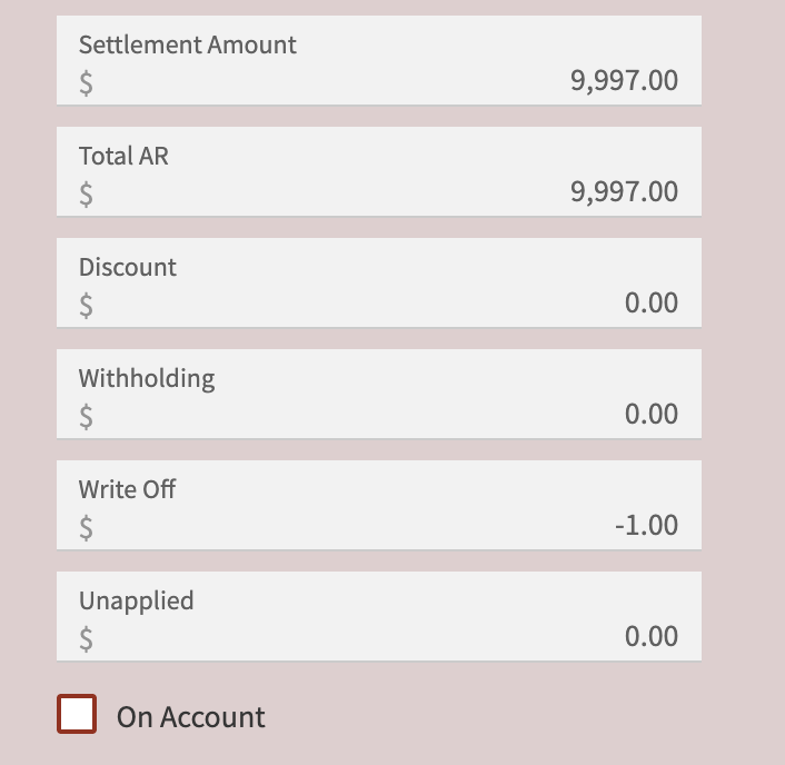Cash Receipt summary confirming the amount to be written off before posting