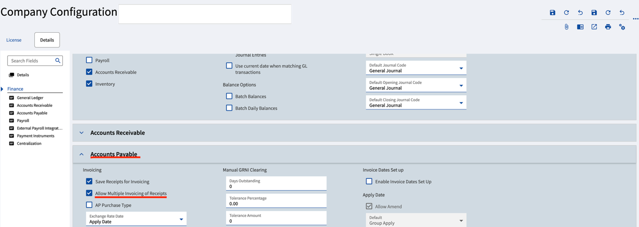 Company Configuration screen showing Allow Multiple Invoicing of Receipts and the Manual GRNI Clearing section checkboxes