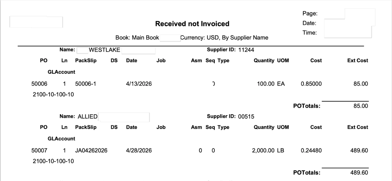 Received Not Invoiced Report showing open receipts not yet matched to a supplier invoice