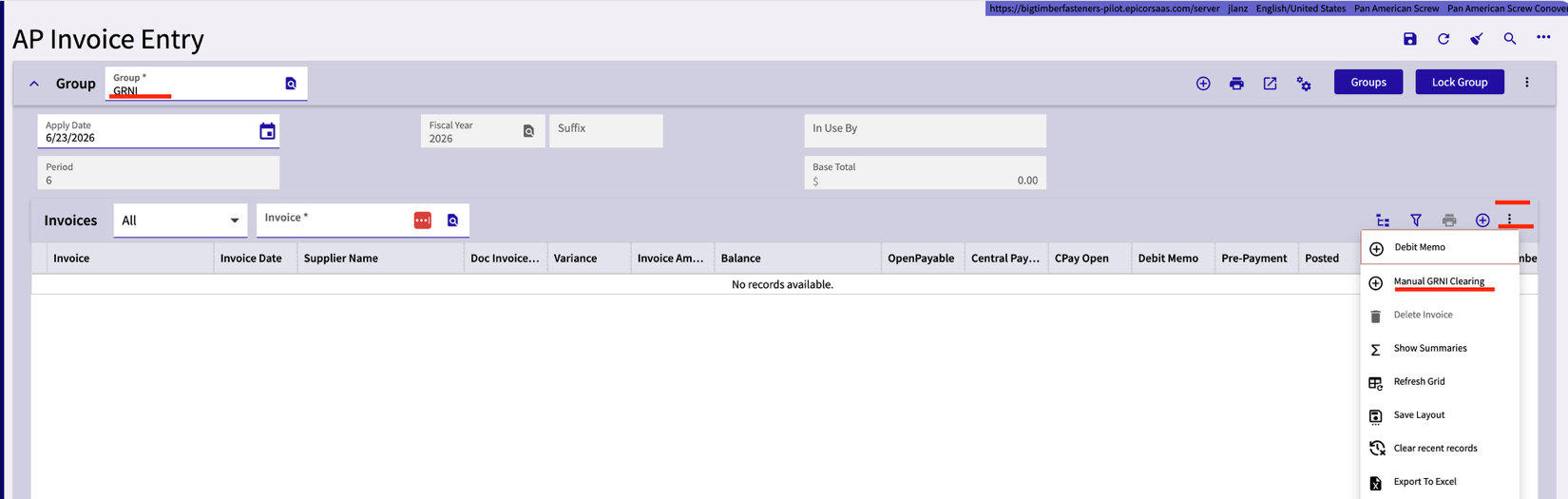 Invoice card overflow menu with the Manual GRNI Clearing option selected