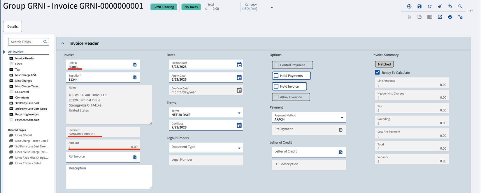 AP Invoice Entry screen with the PO number entered and the Invoice number and amount fields grayed out