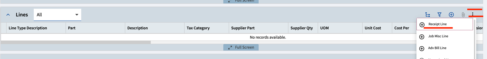 Invoice lines card with the Receipt Line option highlighted