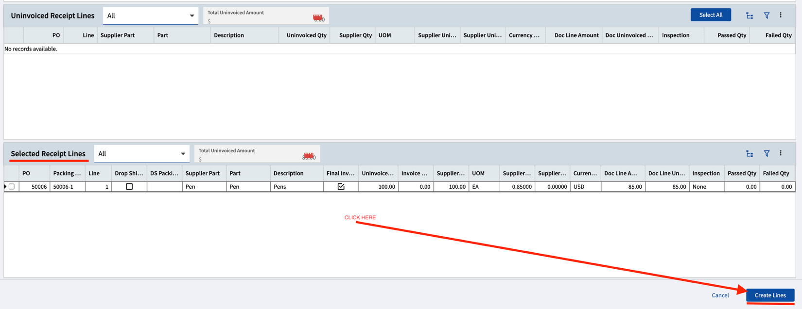 Selected Receipt Lines card with the Create Lines button highlighted