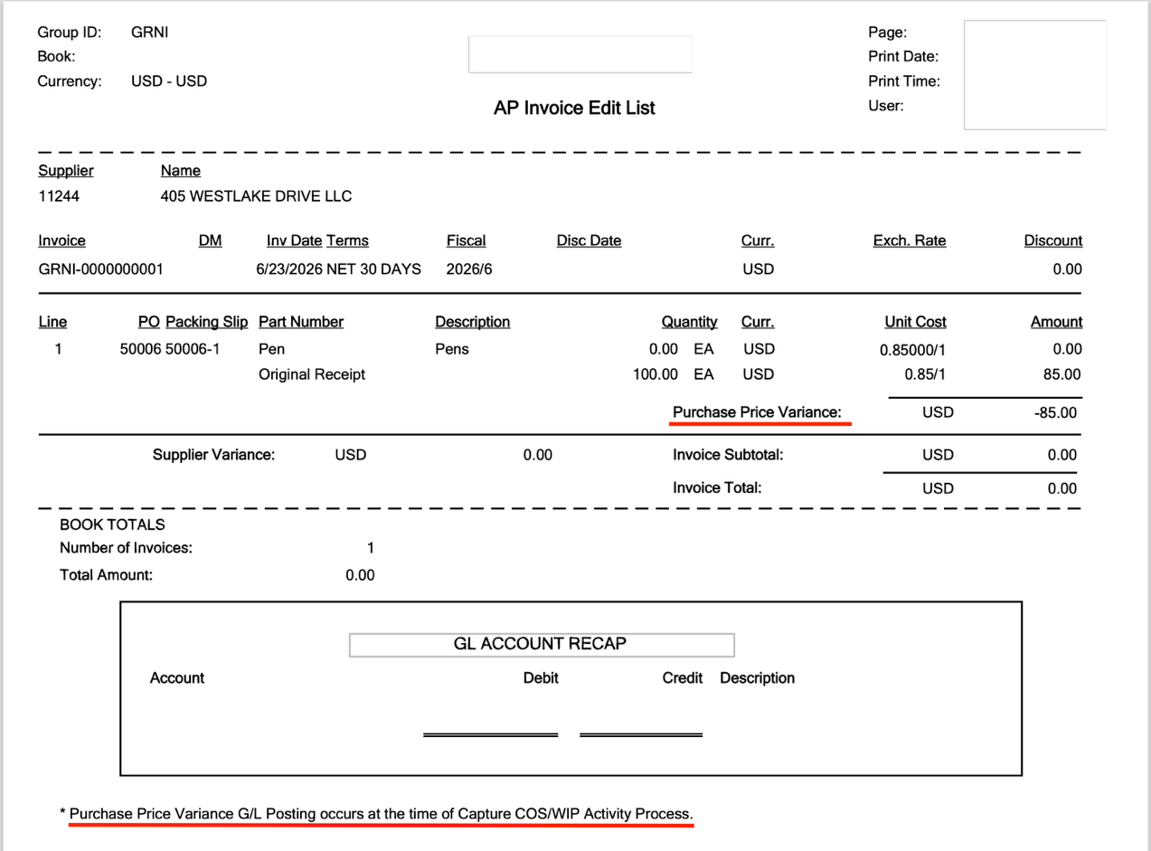 AP Invoice Edit List for the Manual GRNI Clearing document