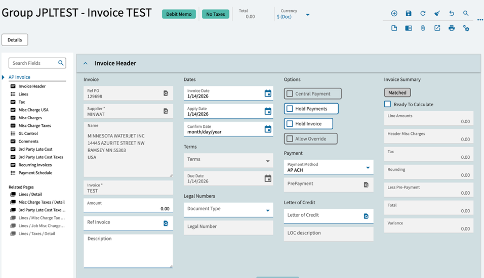 AP Invoice Entry Debit Memo header with the Advance Billing Line option