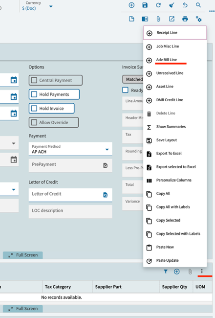 Advance Billing Line entry showing the PO Number and Line Number fields