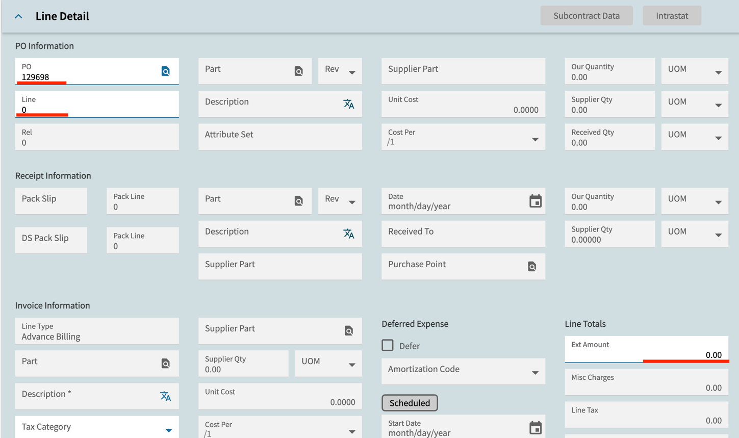Debit Memo line with the Ext Amount field automatically populated from the Advance Payment